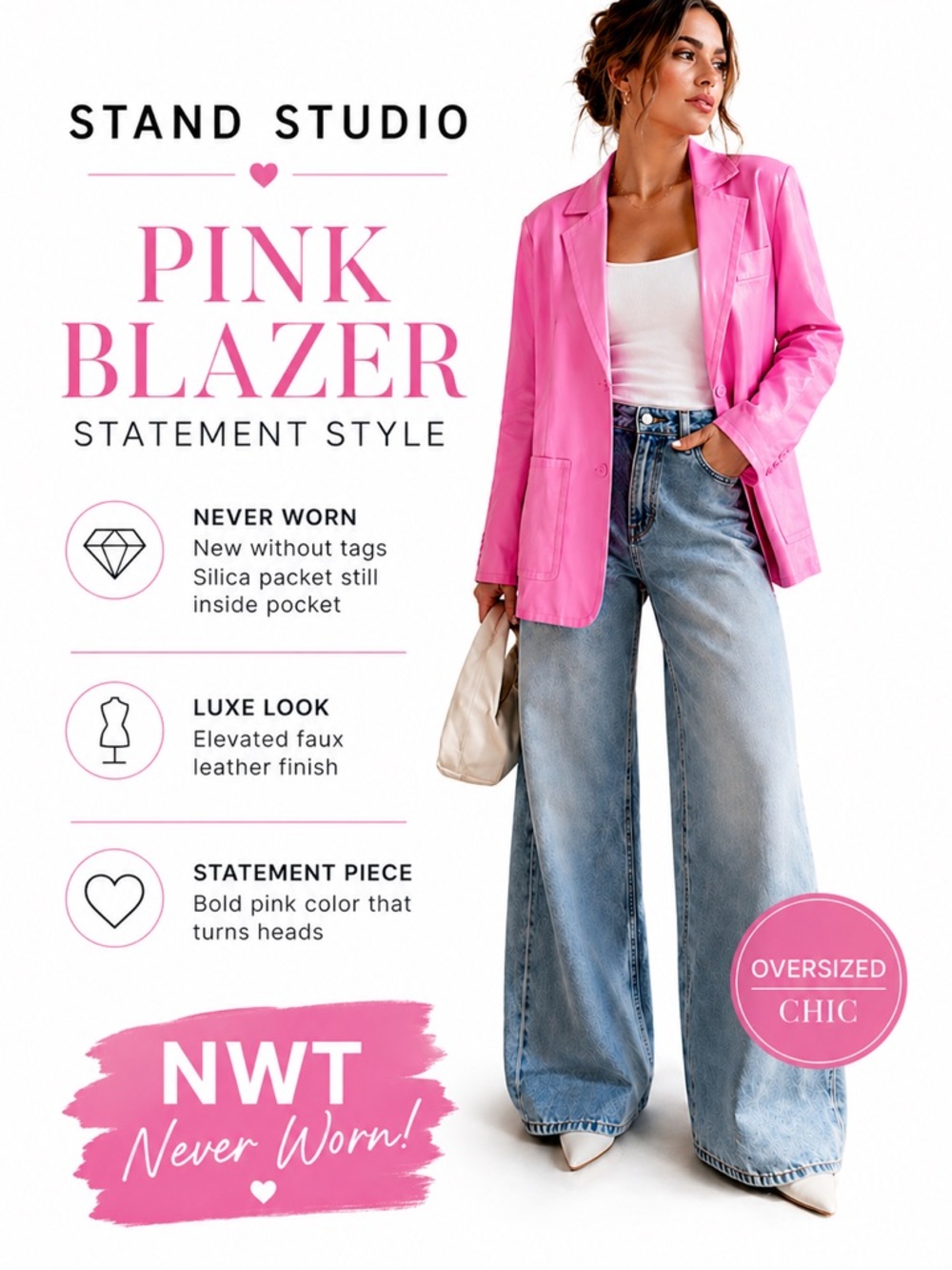 Stand Studio Pink Faux Leather Blazer Jacket NWT Oversized Luxe Viscose Blend